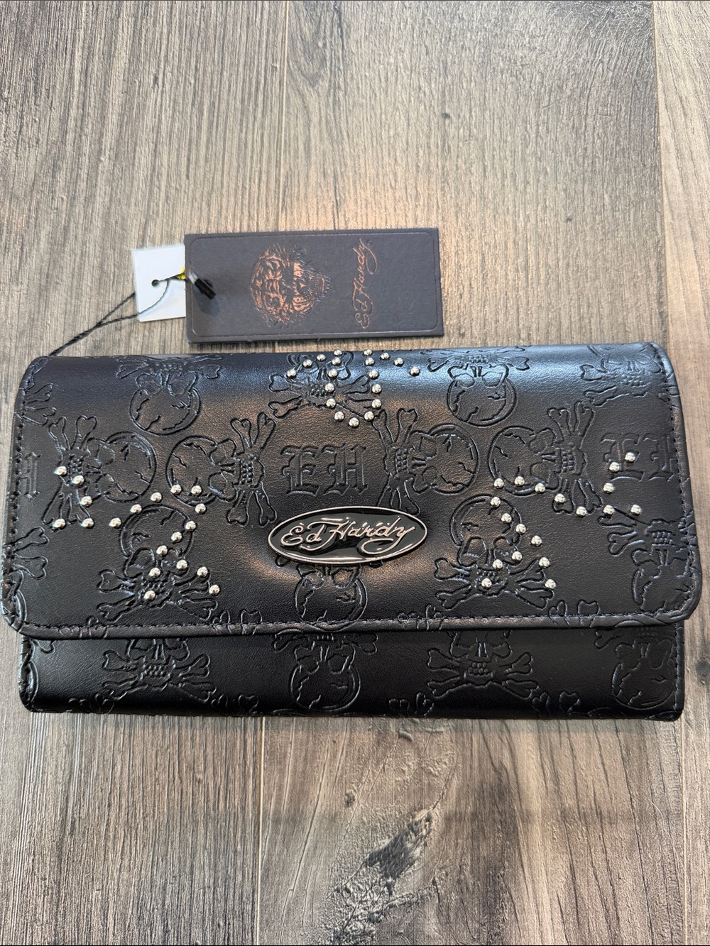 NWT Ed Hardy Black Embossed Skull Clutch Wallet with Stud Accents